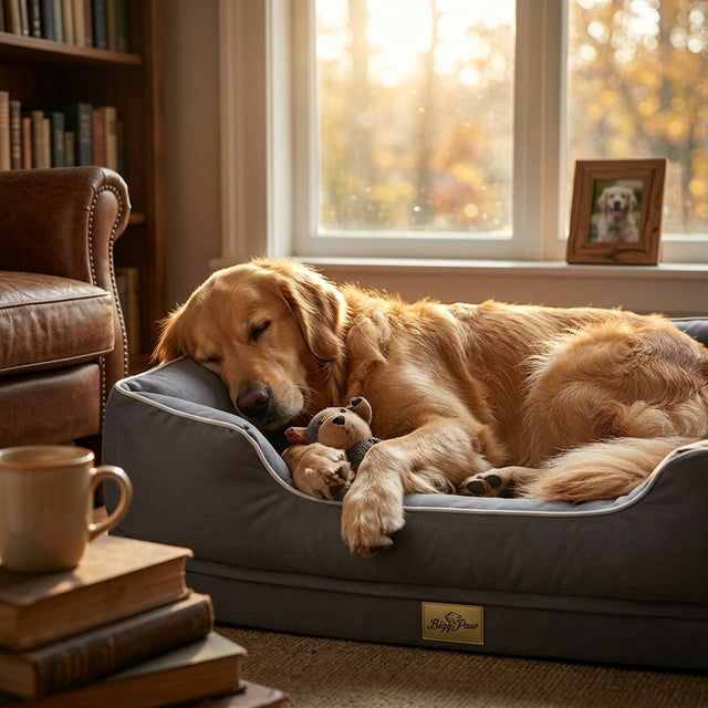 Gray bolster dog sofa bed with golden dog curled up in the cushion tray