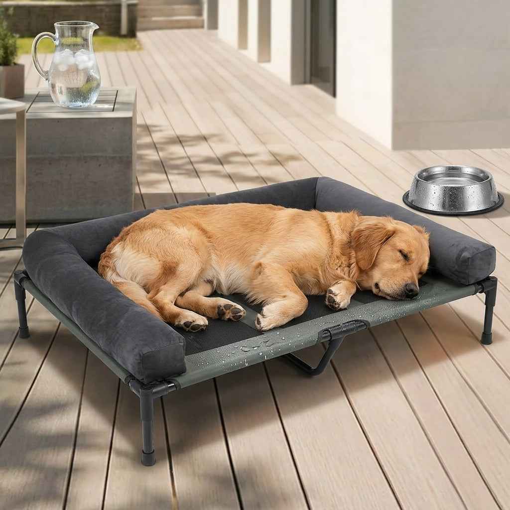 Gray padded raised dog cooling cot with sleeping golden retriever.