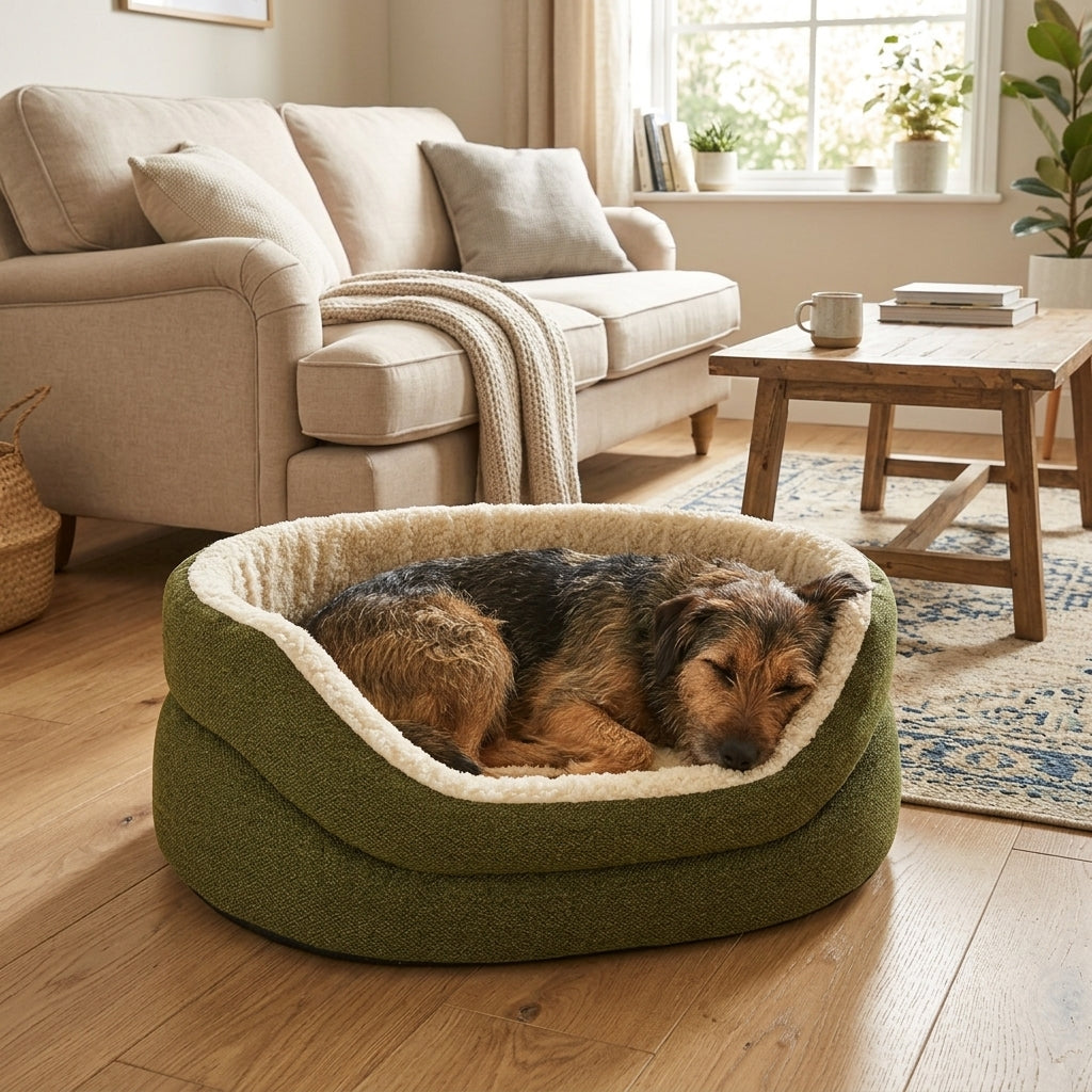 High-sided nest dog bed in green fabric with cushioned rim, dog sleeping inside