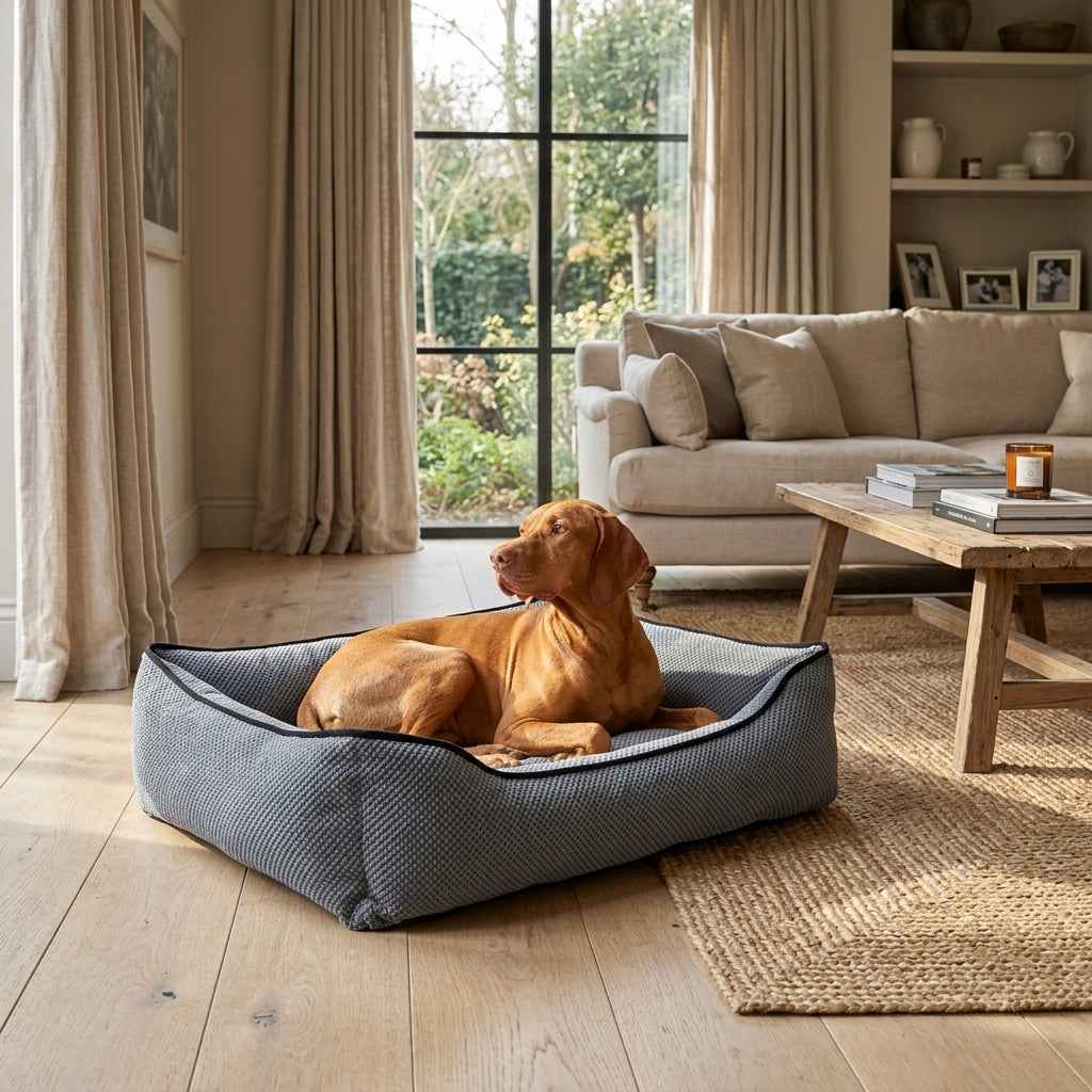 Textured plush dog bed in dark gray with black trim; tan dog resting inside.