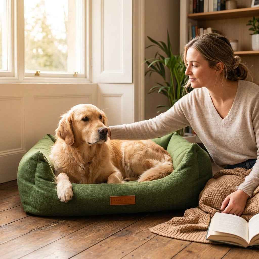 Green sherpa pet nest bed with golden dog lying inside while a person sits nearby