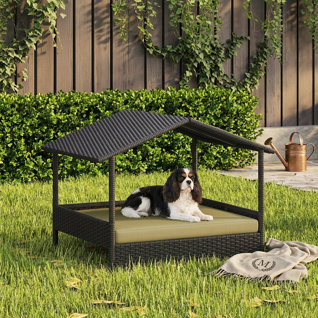 Elevated outdoor dog day bed with sun canopy and beige cushion; dog resting on cushion