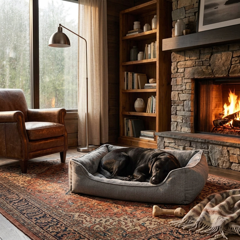 Dark gray bolster dog bed with raised sides and resting dark-coated dog