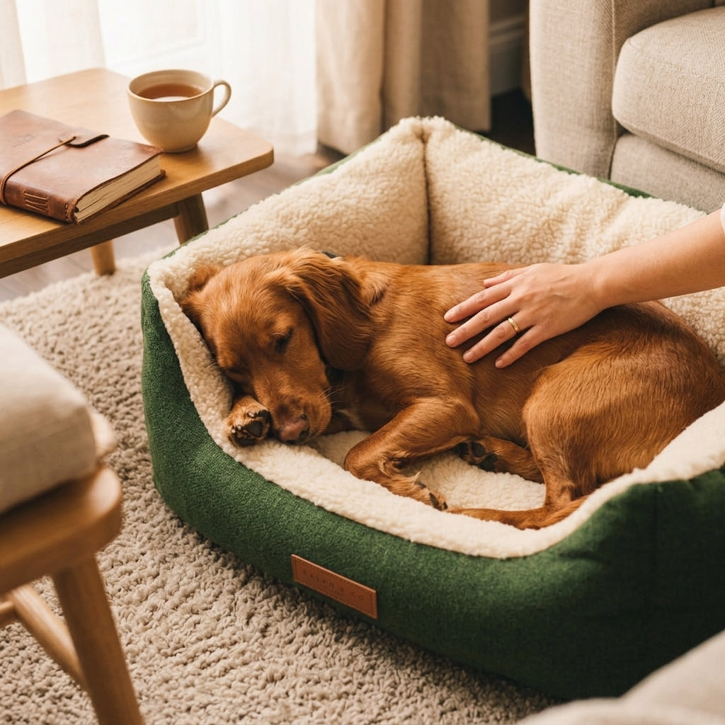Green sherpa-lined pet nest bed with golden dog relaxing as a hand gently touches