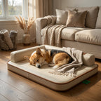 Waterproof dog bed mat with beige cushion and brown trim, dog relaxing on top.