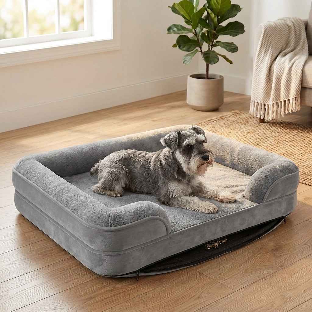 Gray orthopaedic dog bed with raised bolstered sides and plush cushion, with a resting dog.
