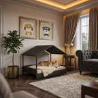 Rattan dog house with canopy roof and removable-look cushion on raised frame, dark weave
