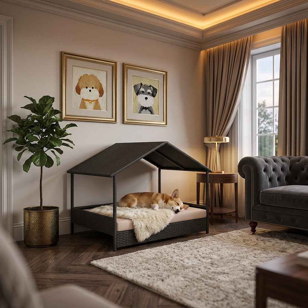 Rattan dog house with canopy roof and removable-look cushion on raised frame, dark weave
