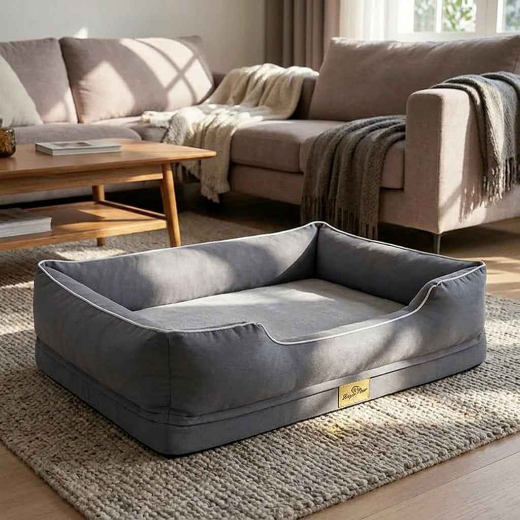 Gray bolster dog sofa bed in a living room, front corner view of the tray