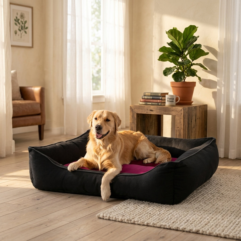 Wensleydale nesting pet bed with dark fabric walls and purple inner cushion, dog lounging