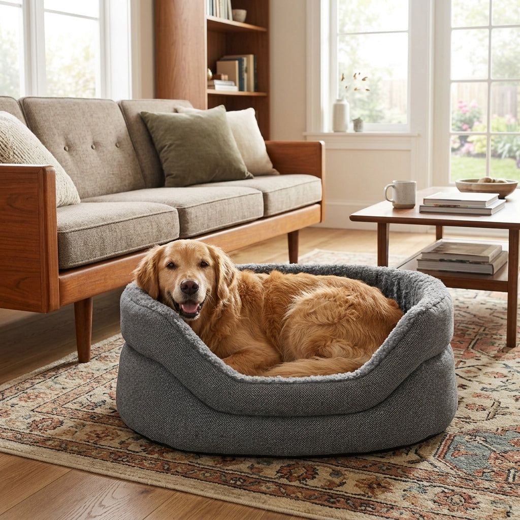 High-sided nest dog bed in gray fabric with plush light rim, dog resting