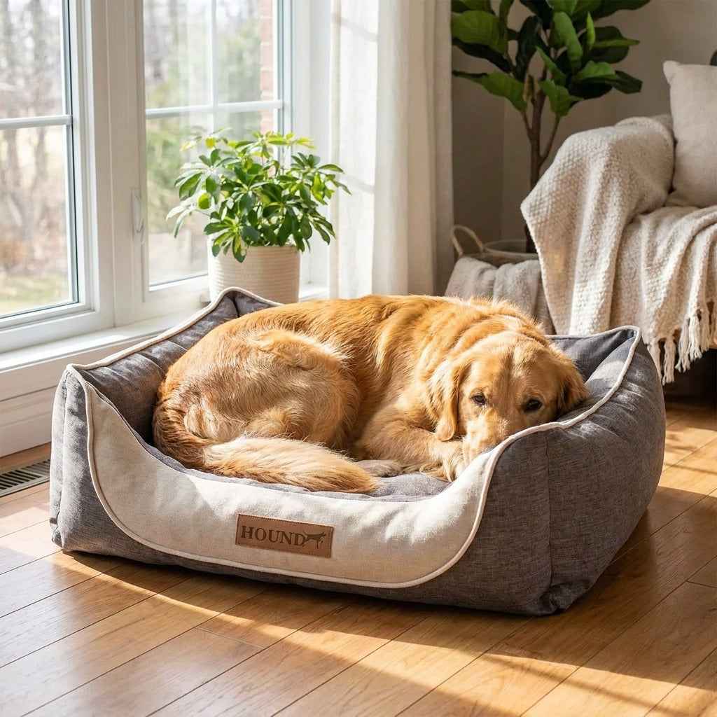 Gray and beige dog bed with HOUND logo patch; curled-up golden dog on cushion