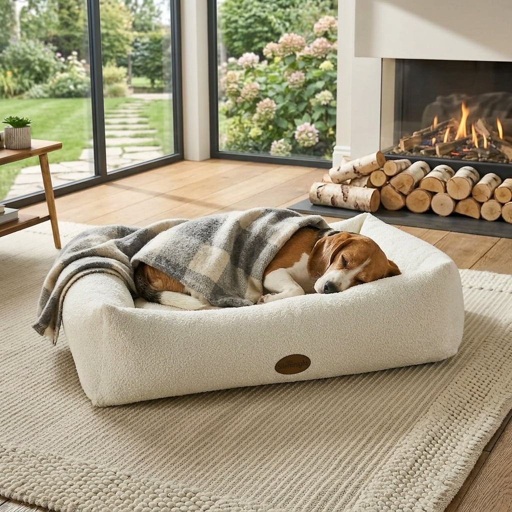 Cream bouclé pet nest bed with dog resting and plaid throw blanket