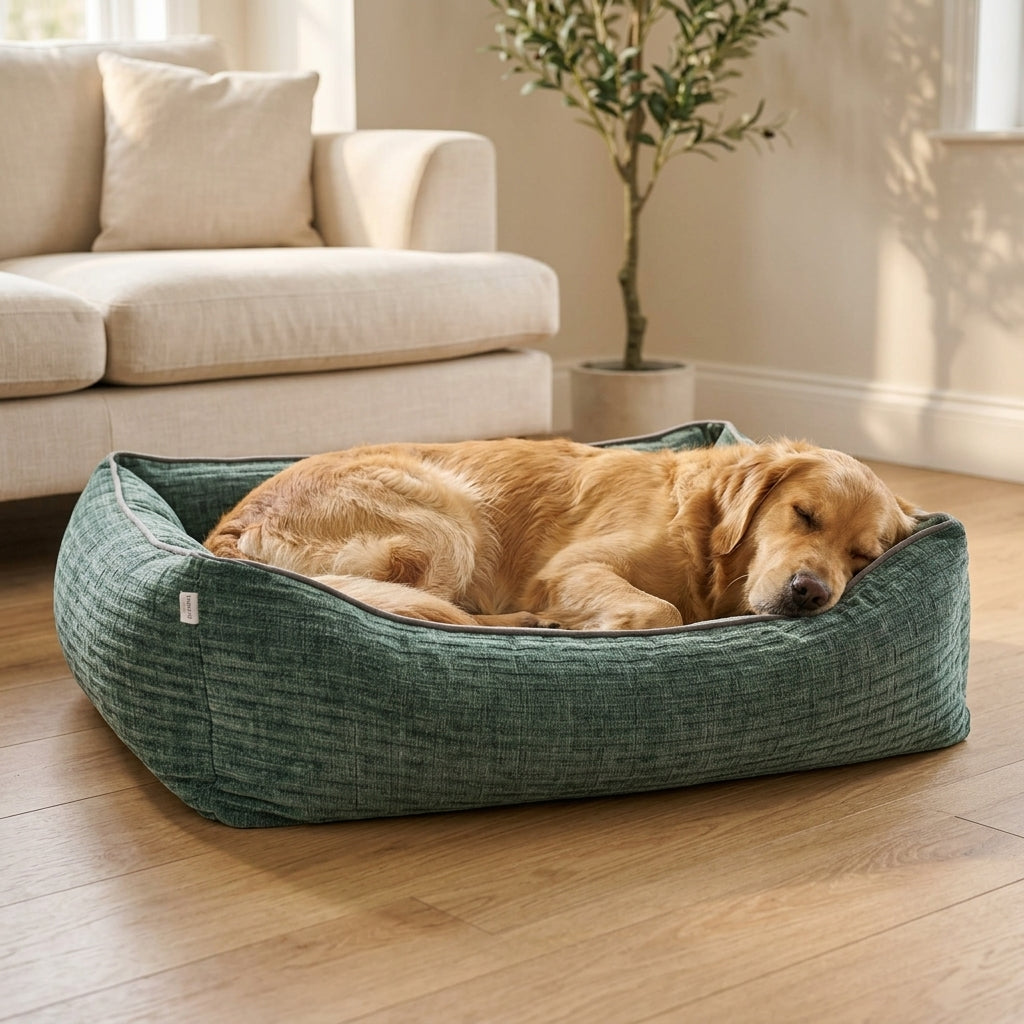 Green corduroy orthopaedic pet bed with cushioned bolsters and textured fabric; dog lying
