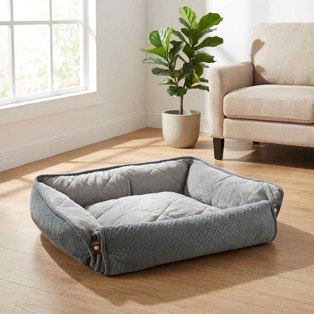 Dark gray quilted orthopaedic mattress with padded sides and center