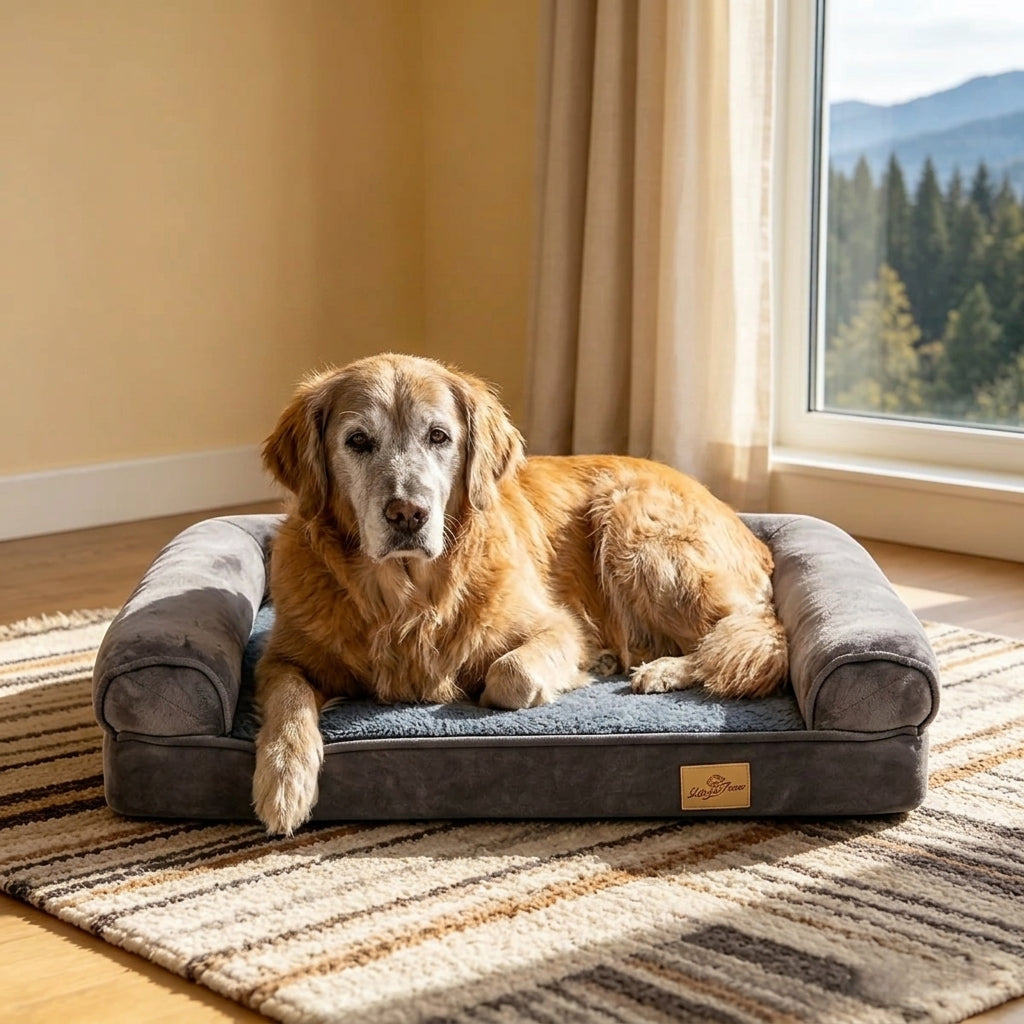 Bolster sofa dog bed with blue cushion and gray bolsters; tan-and-white dog lying.