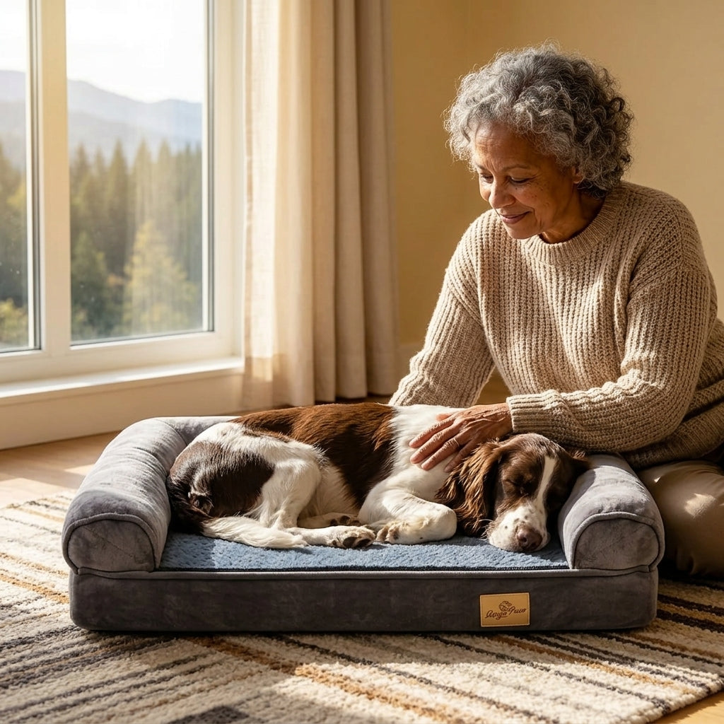 Bolster sofa dog bed with blue cushion and gray bolsters; brown dog lying peacefully.