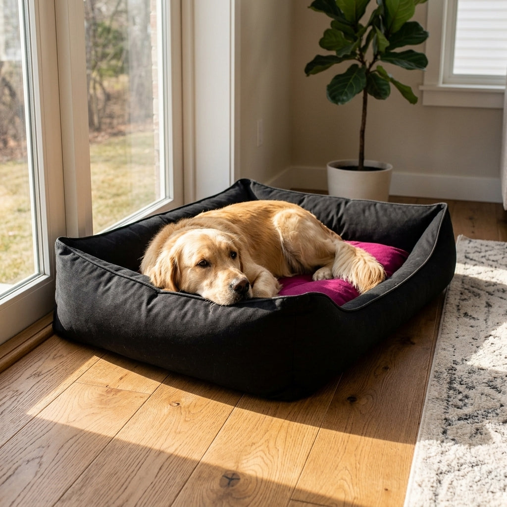 Wensleydale nesting pet bed with dark sides and purple cushion, dog resting inside