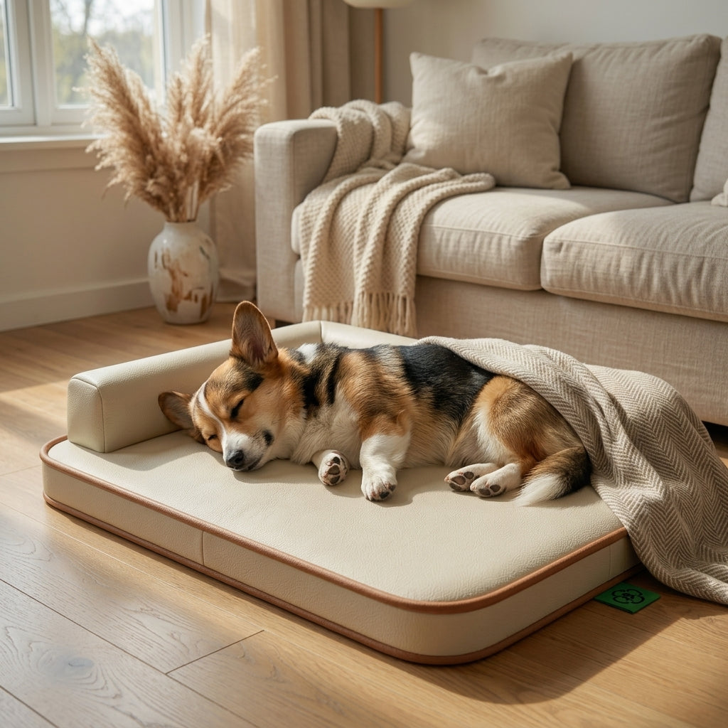 Waterproof dog bed mat, light beige with raised edge, on-floor dog resting