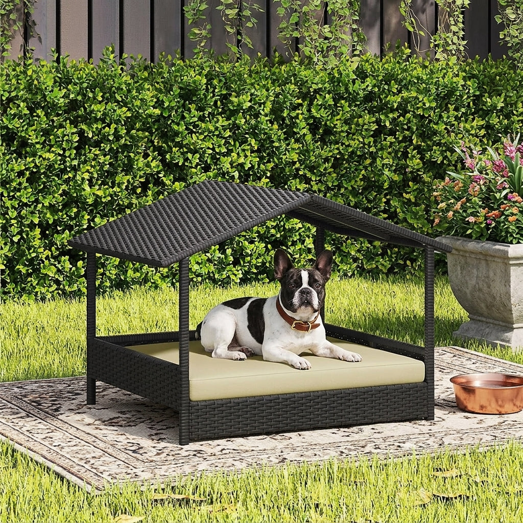 Elevated outdoor dog day bed with sun canopy, dark wicker frame and beige cushion; dog resting