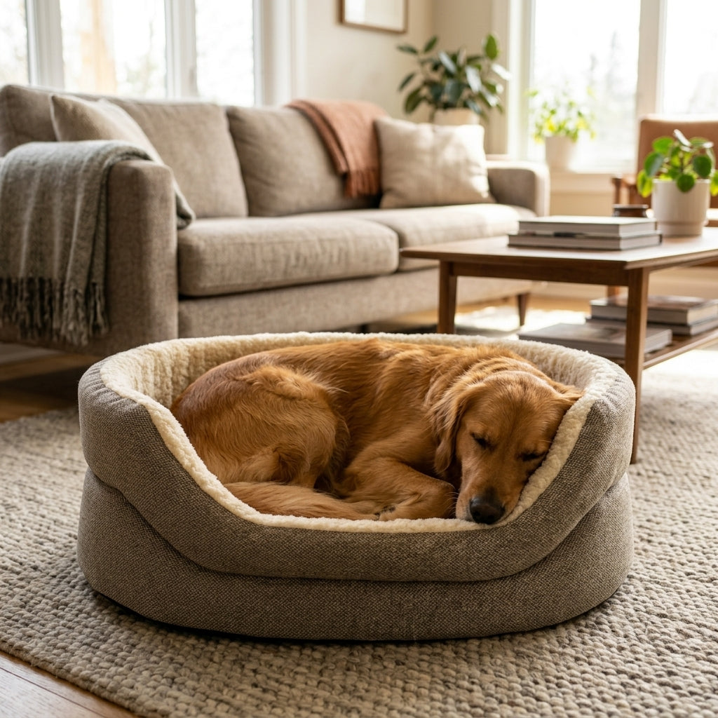 High-sided nest dog bed in gray fabric with plush rim, dog lying curled inside