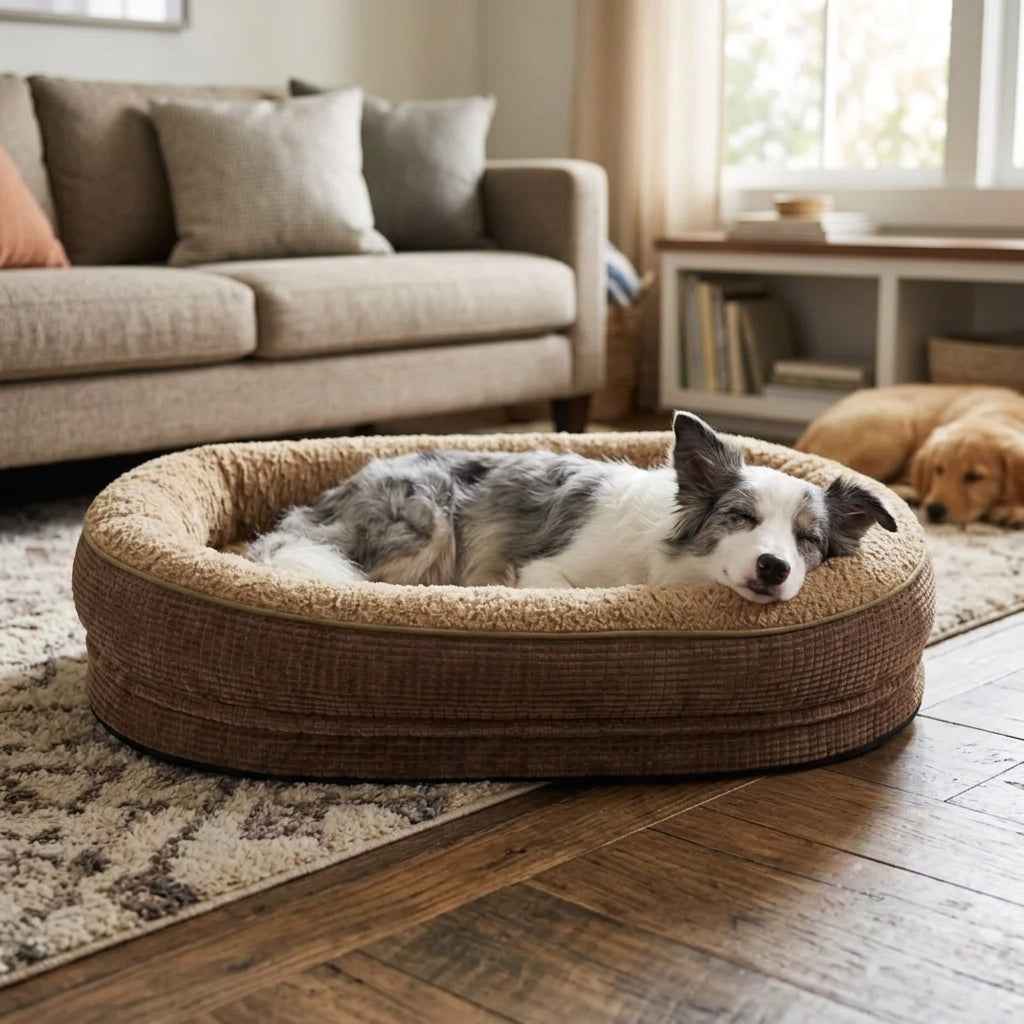 Round four-sided bolster dog bed in dark brown with beige rim, gray dog resting inside.