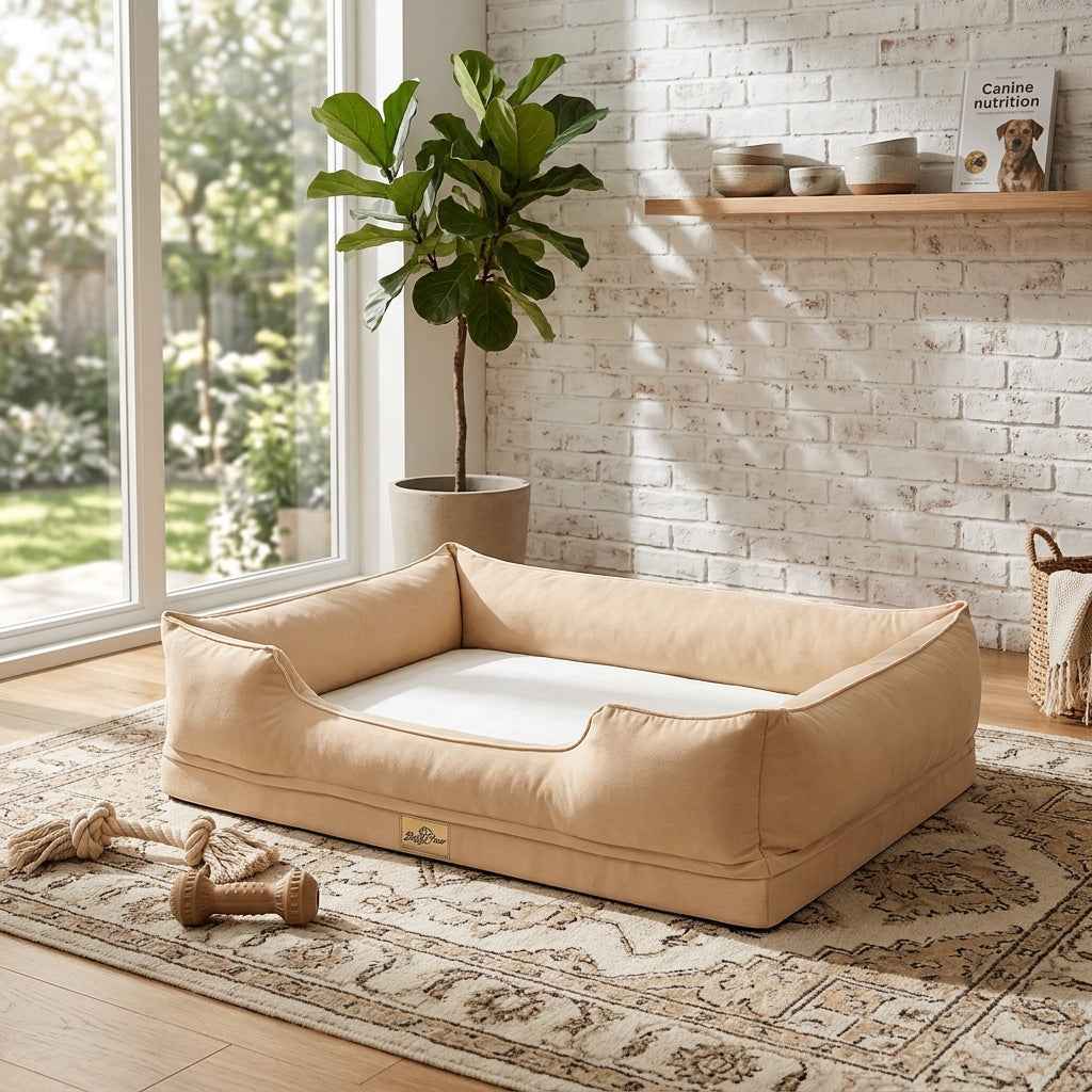 Beige waterproof bolster crate bed with white inner pad and curved bolsters