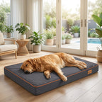Orthopaedic memory foam dog mattress featuring a dark frame and blue-gray top panel