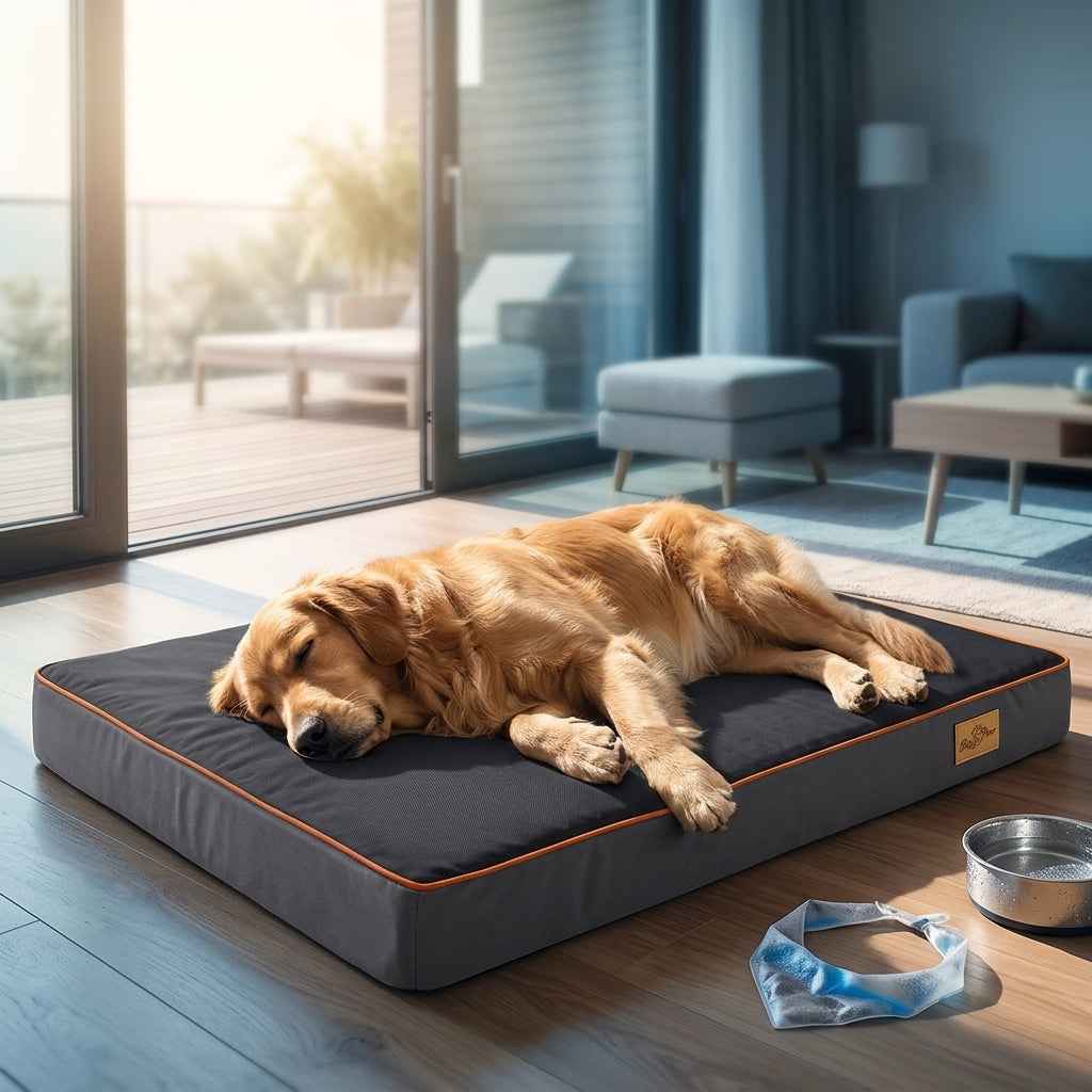 Orthopaedic memory foam dog mattress in dark gray with blue top and orange piping