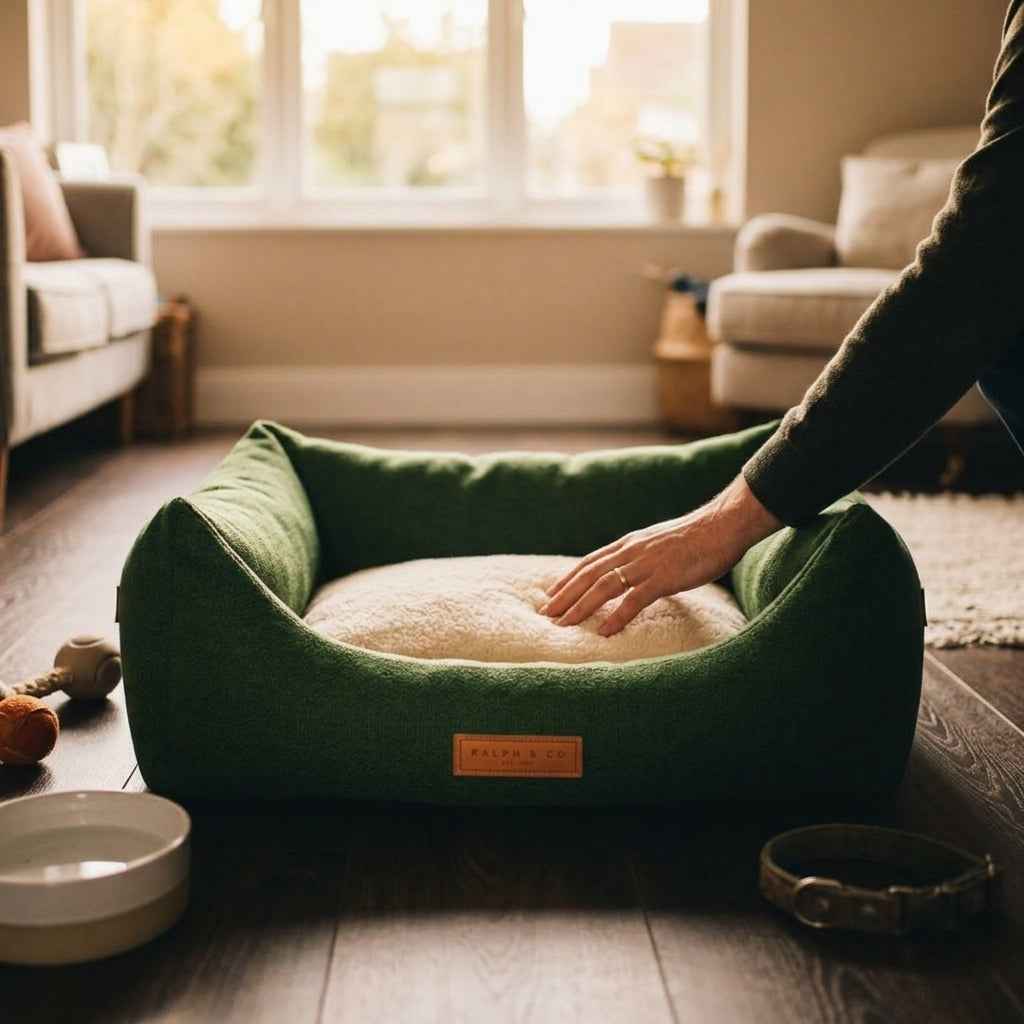 Green round pet nest bed with tan sherpa lining, person’s hand resting inside