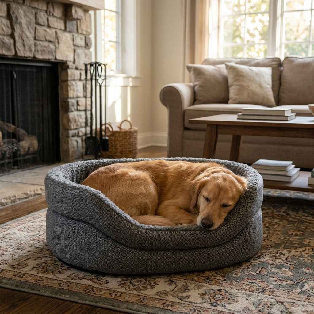 High-sided nest dog bed in gray fabric with light inner rim, dog sleeping inside
