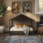 Rattan dog house with canopy roof and plush pet cushion, dark textured woven design