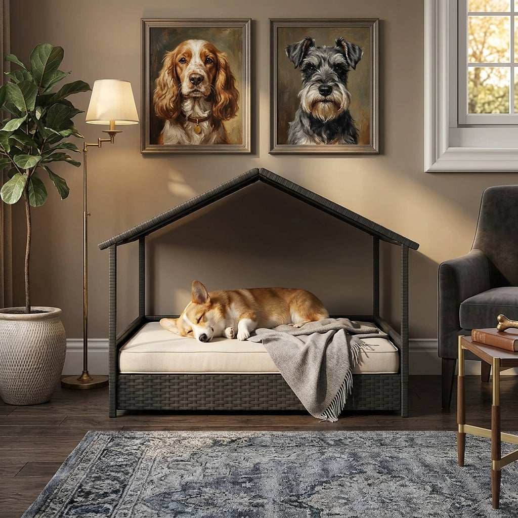 Rattan dog house with canopy roof and plush pet cushion, dark textured woven design