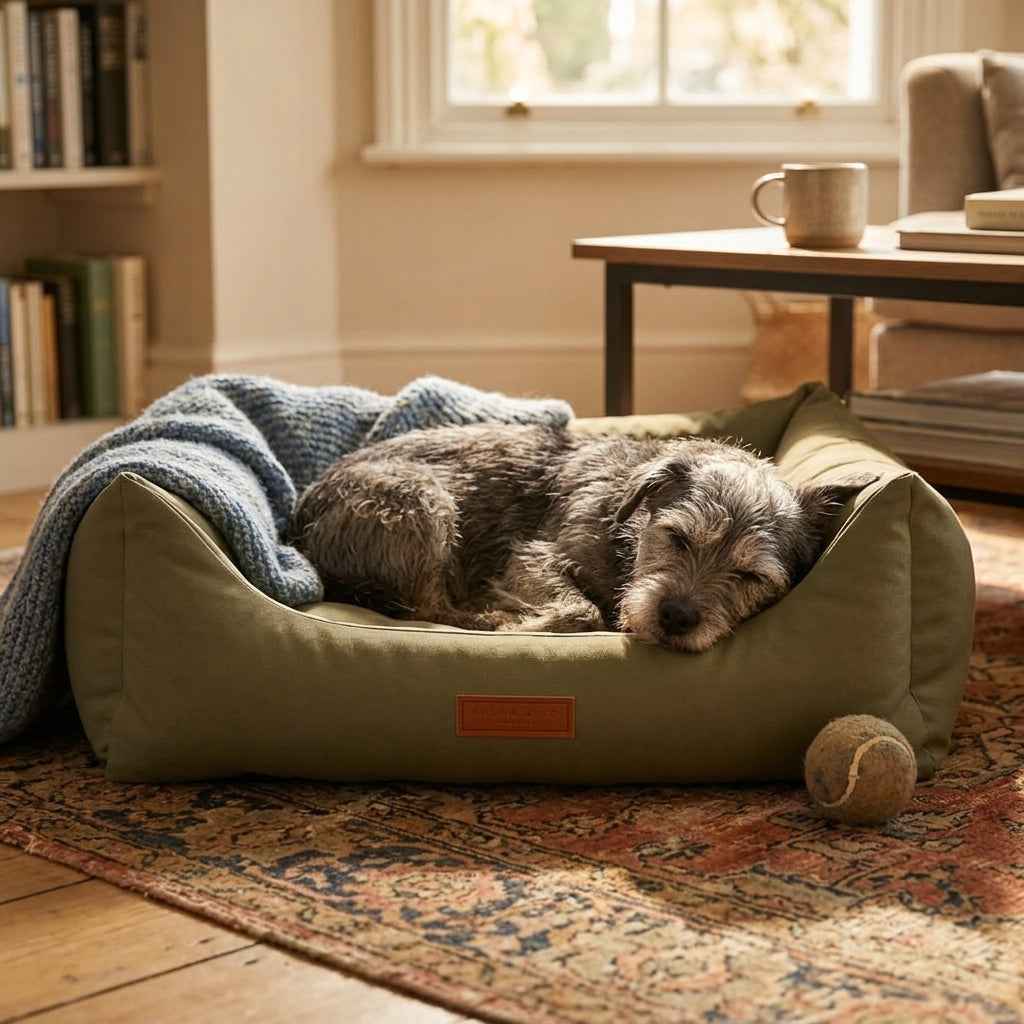 Olive waterproof dog nest bed with brown logo patch, terrier curled up on cushion