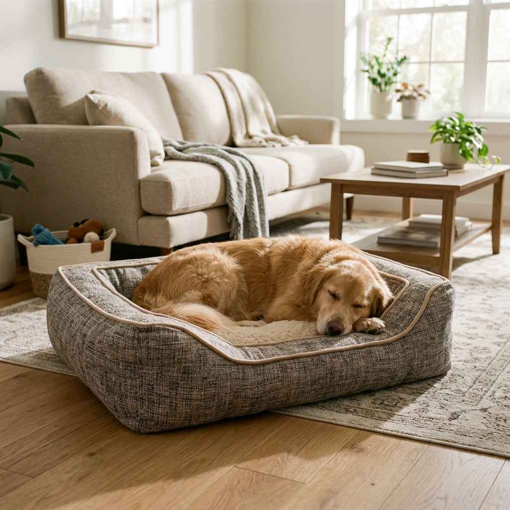 Reversible square fabric dog bed with plush interior, dog resting inside.