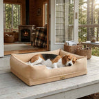Beige waterproof bolster crate bed with a brown-and-white dog lying inside