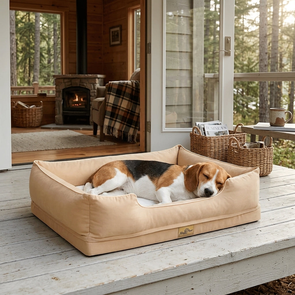 Beige waterproof bolster crate bed with a brown-and-white dog lying on the cushion
