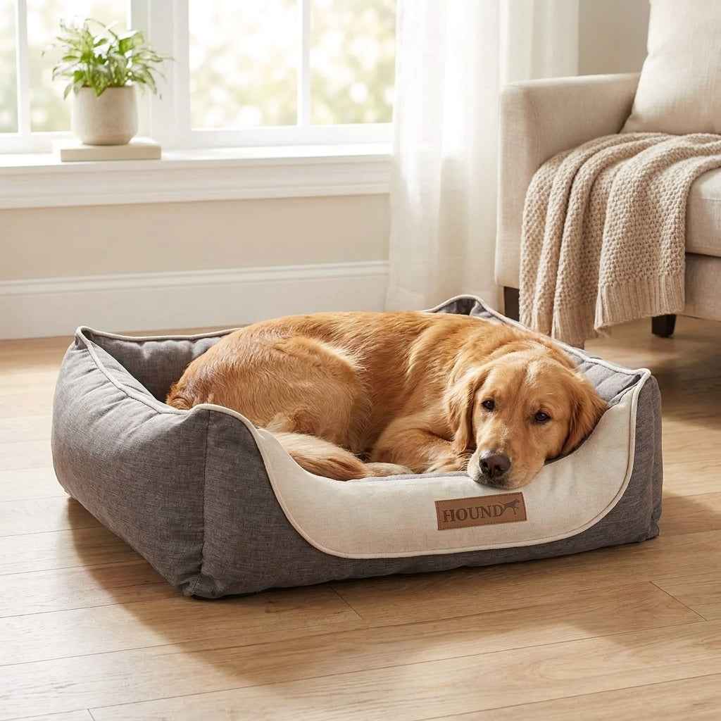 Gray fabric dog bed with beige trim and HOUND logo patch; golden dog resting