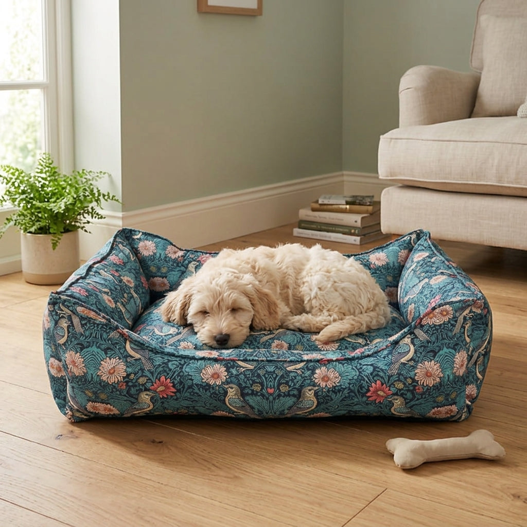 Floral bolster pet bed in teal-blue with dog curled on the cushion