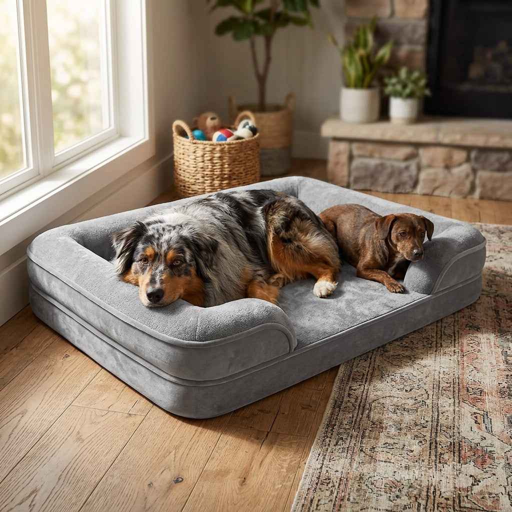 Gray raised-edge orthopaedic dog bed with plush cushion and bolstered sides, with two dogs.