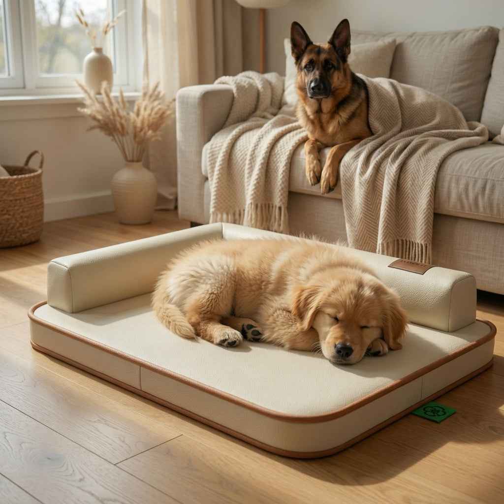 Waterproof dog bed mat with beige cushion and brown trim, dog curled up on cushion.