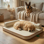 Waterproof dog bed mat with beige cushion and brown trim, dog curled up on cushion.