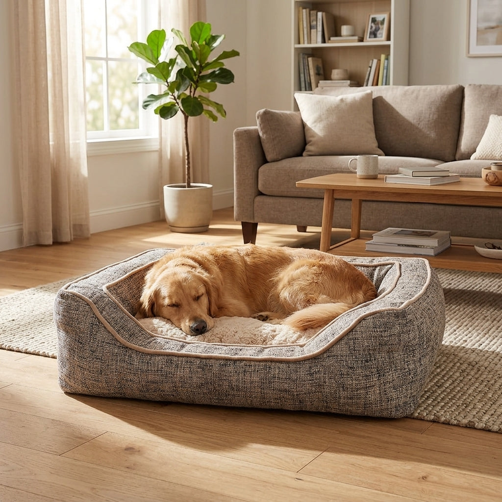Reversible square fabric dog bed with plush center, dog lying down on cushion.
