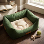 Green sherpa-lined pet nest bed with cream plush interior and low rounded sides