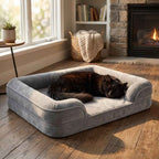 Gray orthopaedic dog bed with raised bolstered sides and plush cushion, with a sleeping dog.
