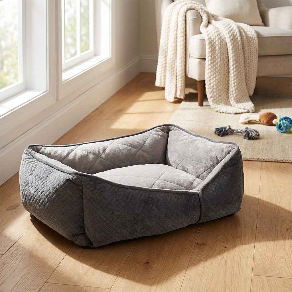 Flat orthopaedic dog bed in gray with quilted texture and open padded top cushion