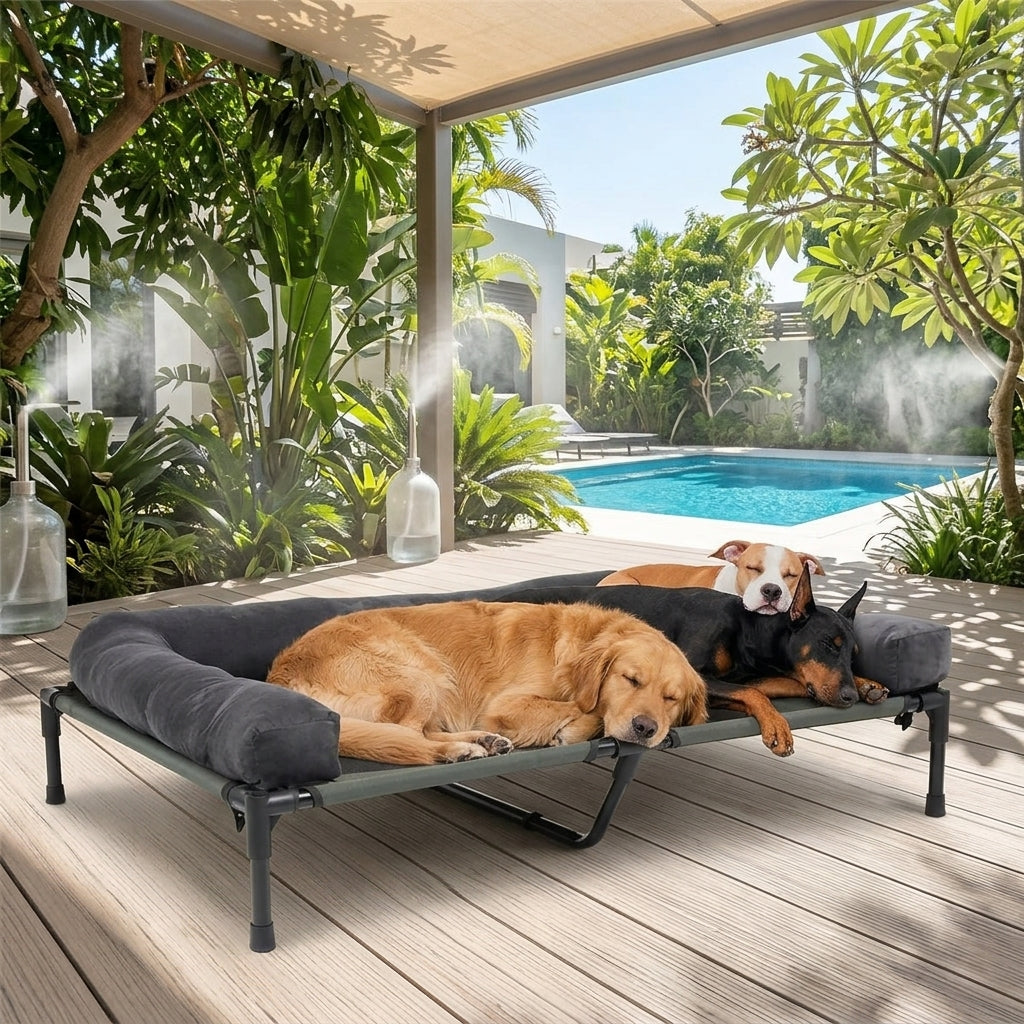 Gray padded raised dog cooling cot with sleeping dogs in backyard setting.