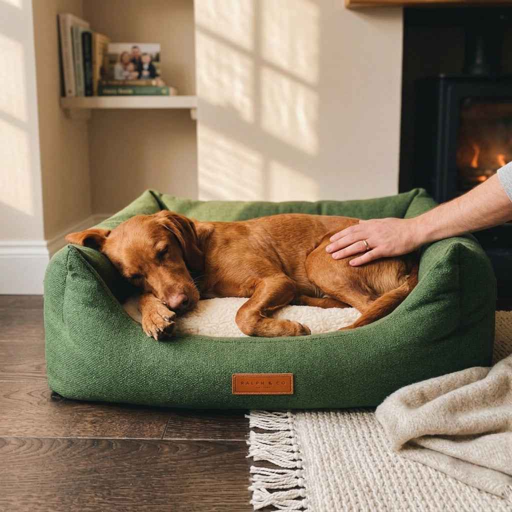 Green round sherpa pet nest bed with sleeping golden dog and a hand on the side