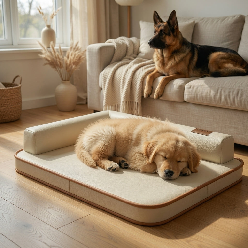 Waterproof dog bed mat with beige cushion and brown trim, small dog napping on top.