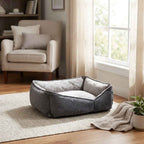 Flat orthopaedic dog bed with gray cushioned sides and quilted bolster edge